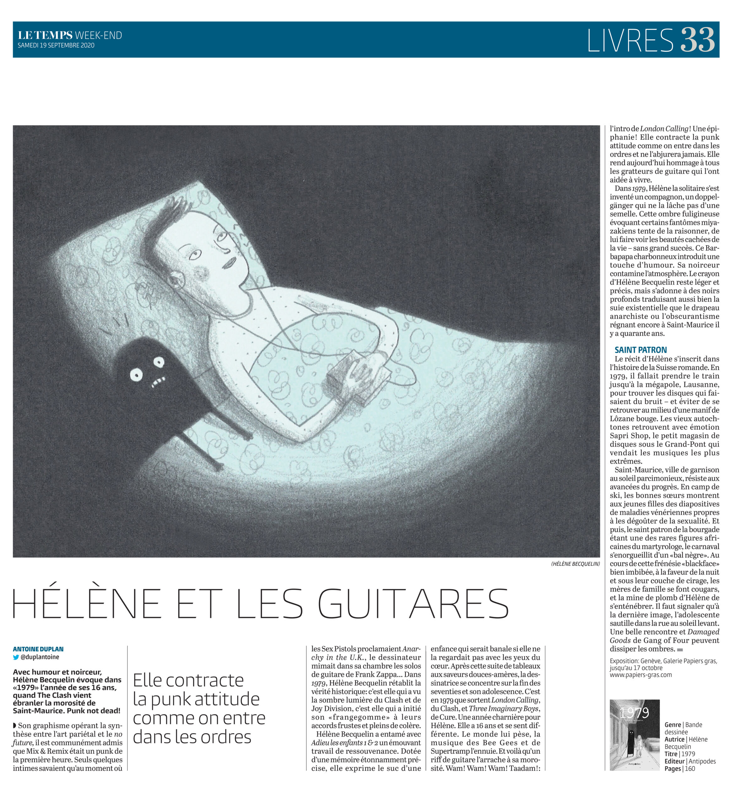 Article d'Antoine Duplan dans le Temps du 18 septembre 2020